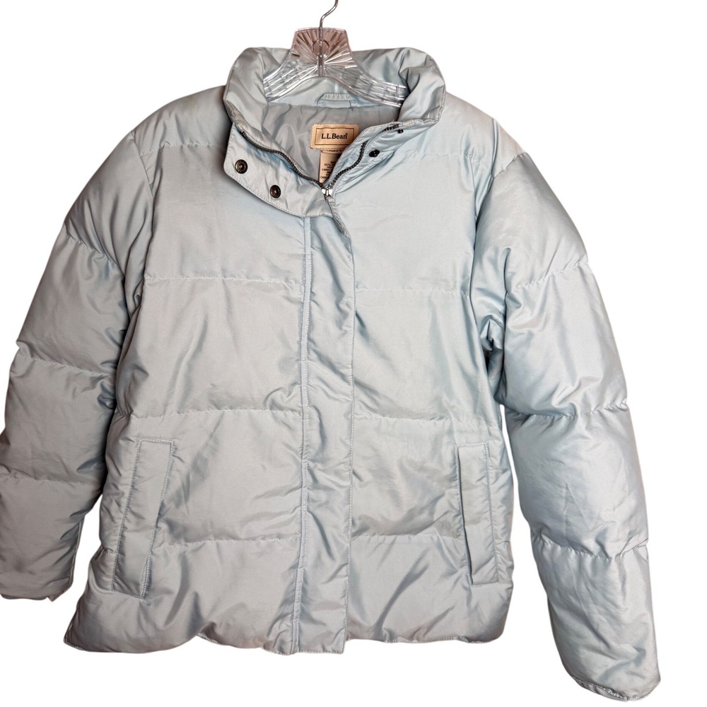 LL Bean Puffer Jacket Womens Medium Petite Light Blue Goose Down Winter Coat